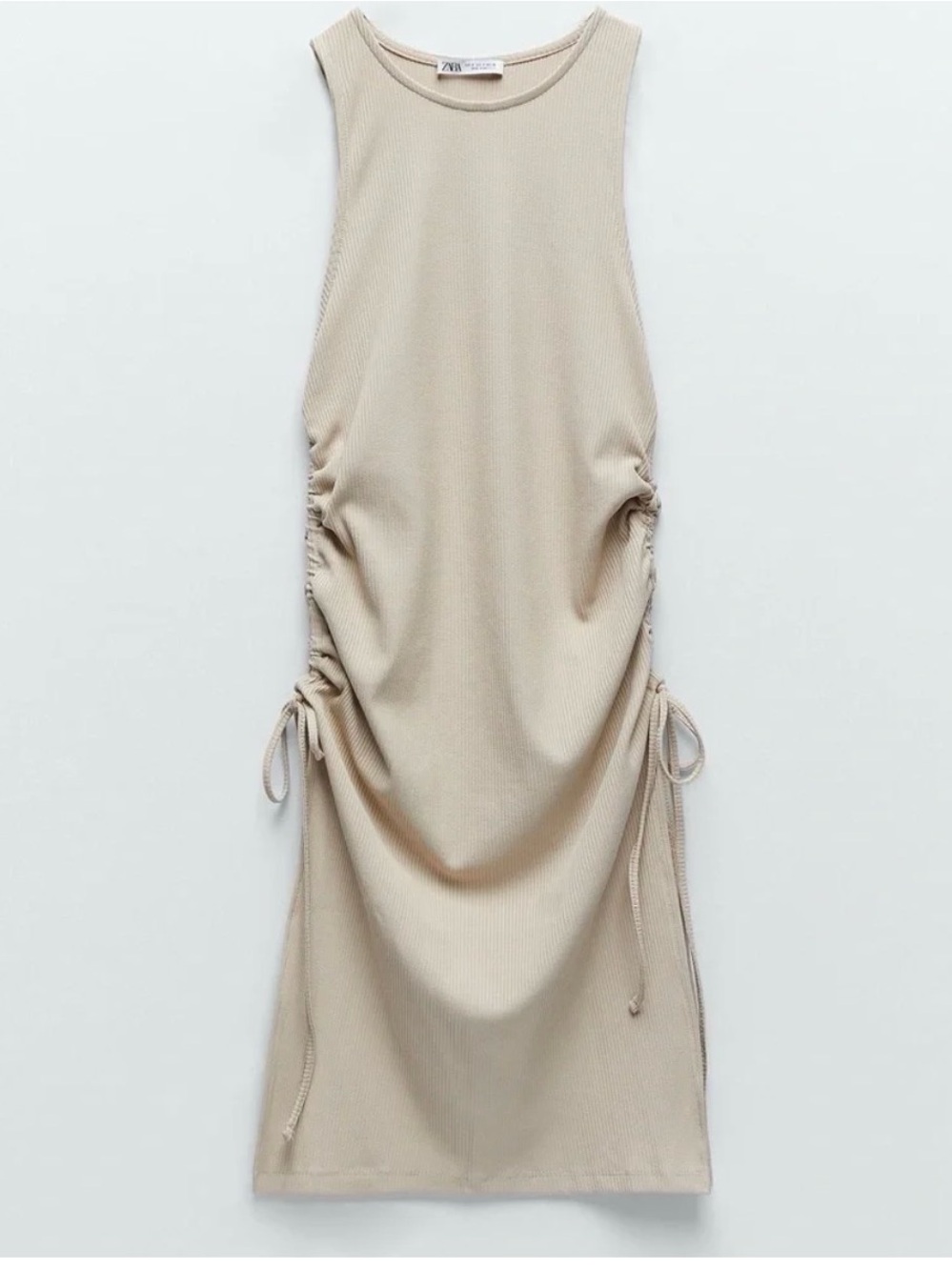 Zara Sleeveless Drawstring Midi Dress in Beige
